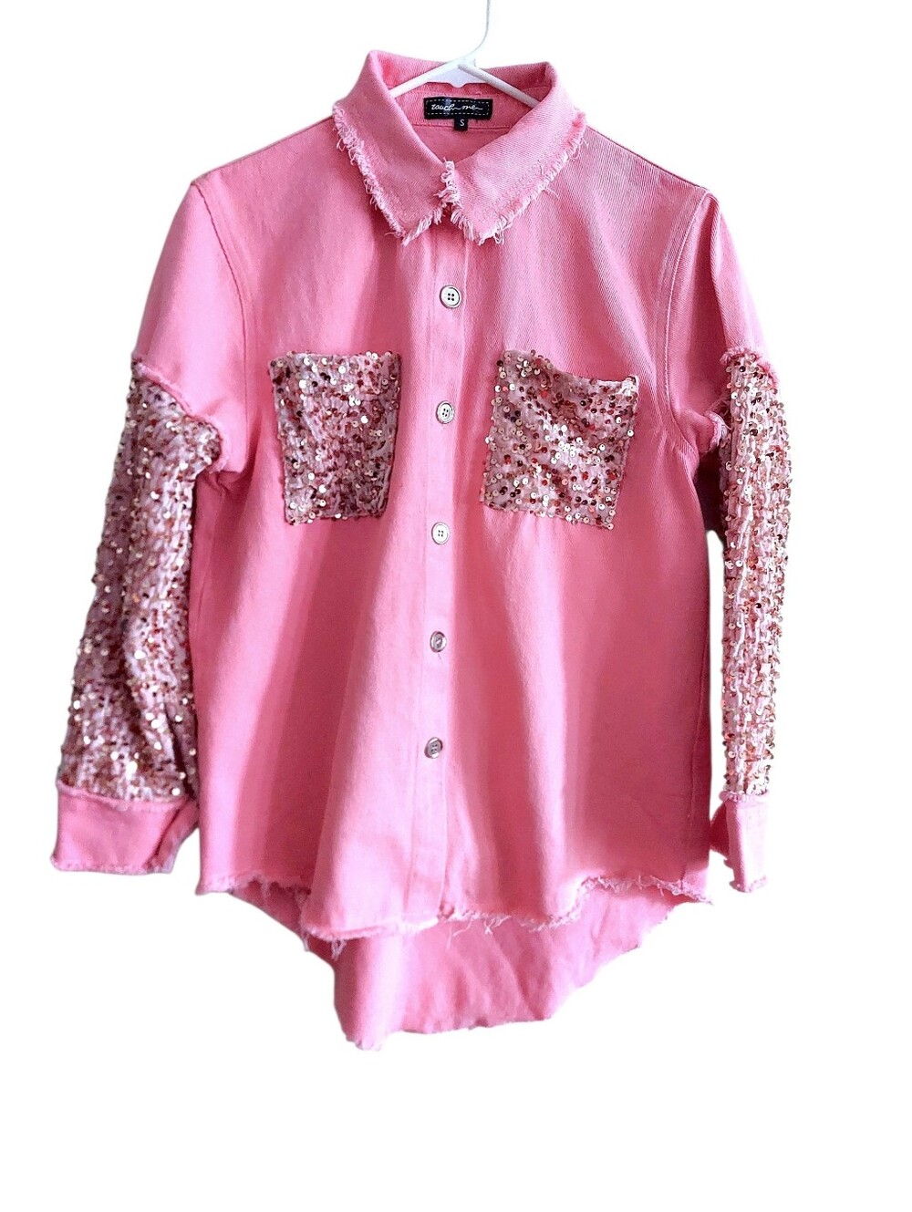 Touch Me Pink Sequin Pocket & Sleeve Denim Shirt